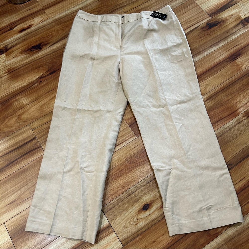 NWT Kasper Linen Blend Light Beige Pants Trousers Lined Flat Front Sz 18 Career